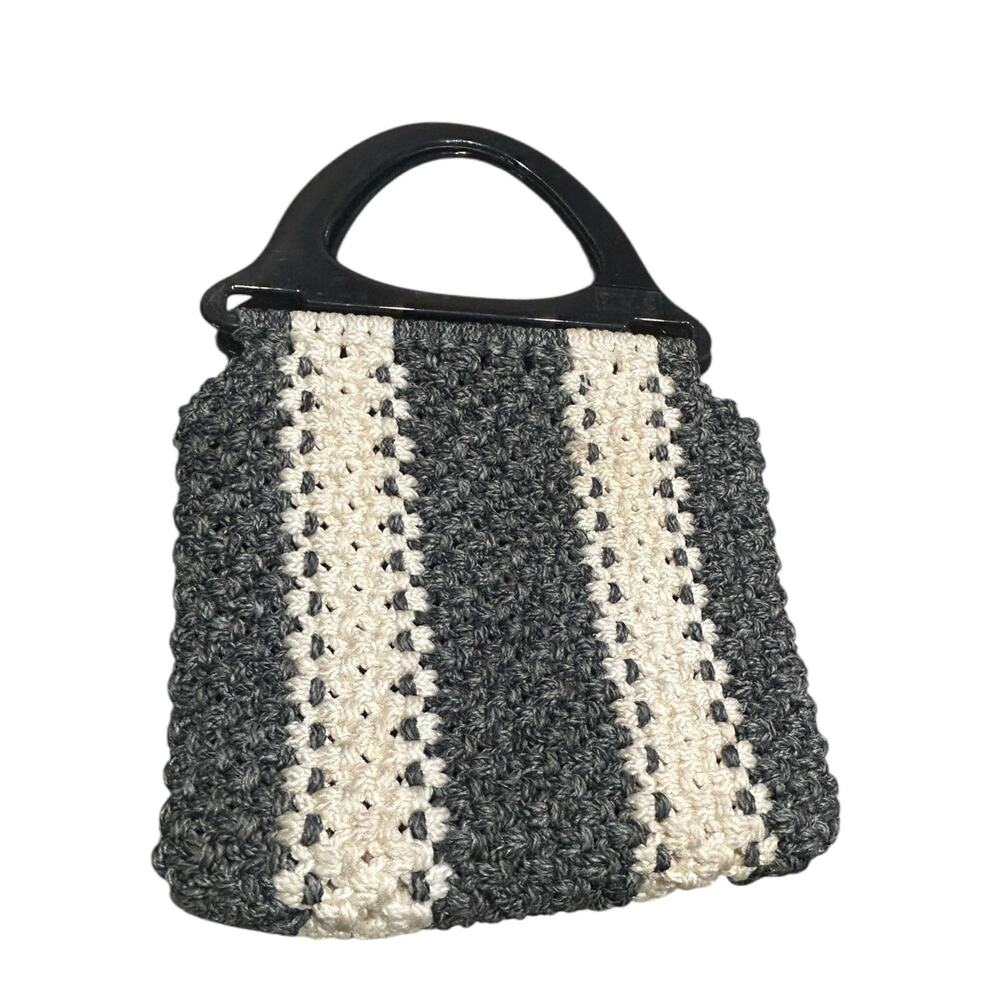 Vintage 1970s Black & Cream Striped Crochet Handbag with Plastic Handles -